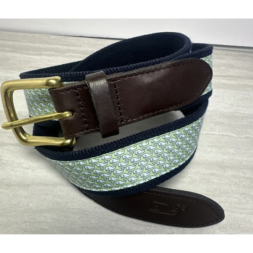 Vineyard Vines Whale Print Canvas & Leather Club Belt Navy Mens Sz 44 USA